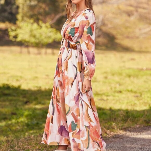 2024‎ Fall Boho Maxi Dress - Long Sleeve, V Neck, Flowy, Printed Beach Style - Picture 6 of 6